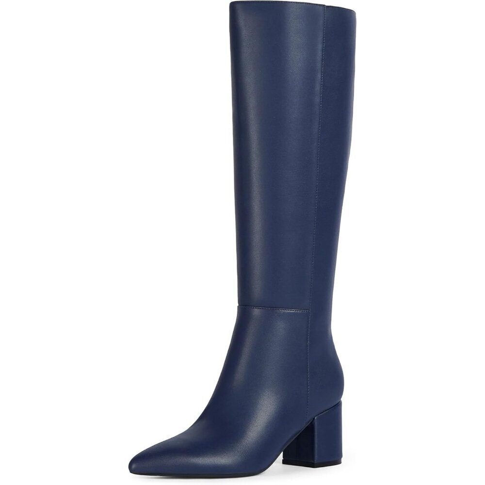 Women's Navy Chunky Heel Knee High Pointed Toe Side Zipper Long Boots